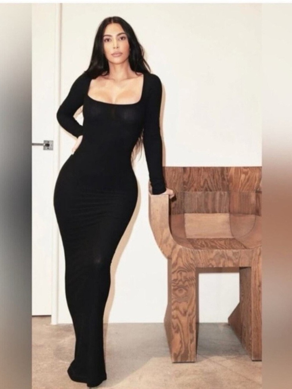 Skims Black Long Sleeve Scoop Neck Ribbed Bodycon Maxi Dress